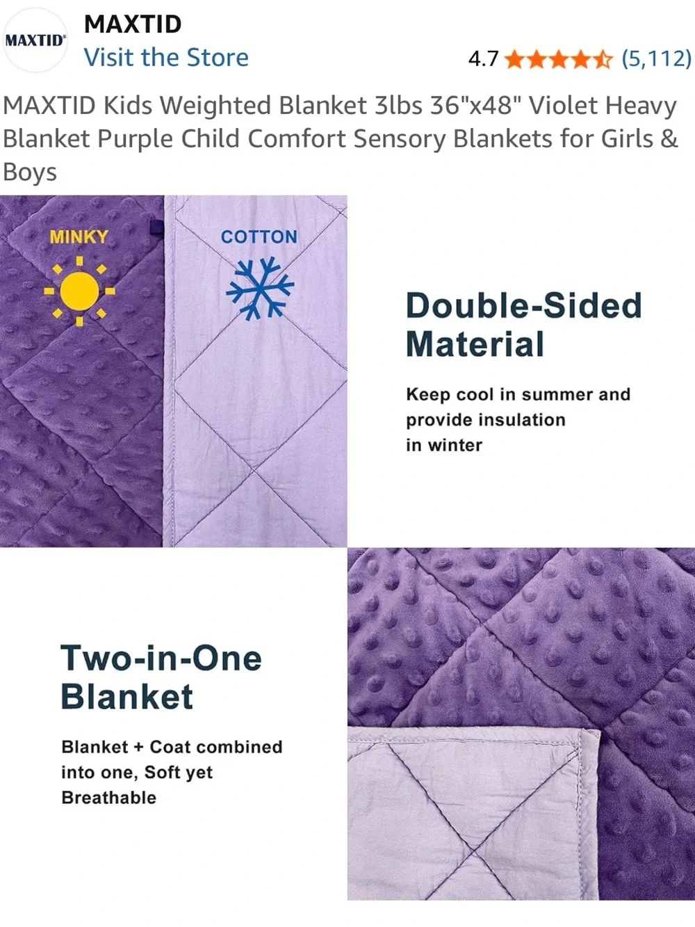 MAXTID Kids Weighted Blanket 3 lb 36x48 Purple Minky Cotton